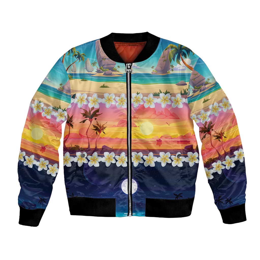 Hawaii Beach Landscape Time-Lapse Bomber Jacket Tropical Plumeria Flowers - Wonder Print Shop
