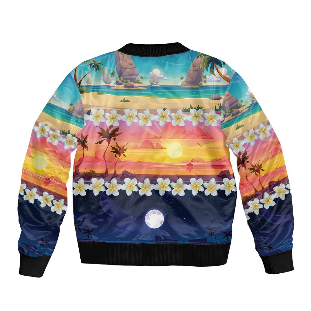 Hawaii Beach Landscape Time-Lapse Bomber Jacket Tropical Plumeria Flowers - Wonder Print Shop