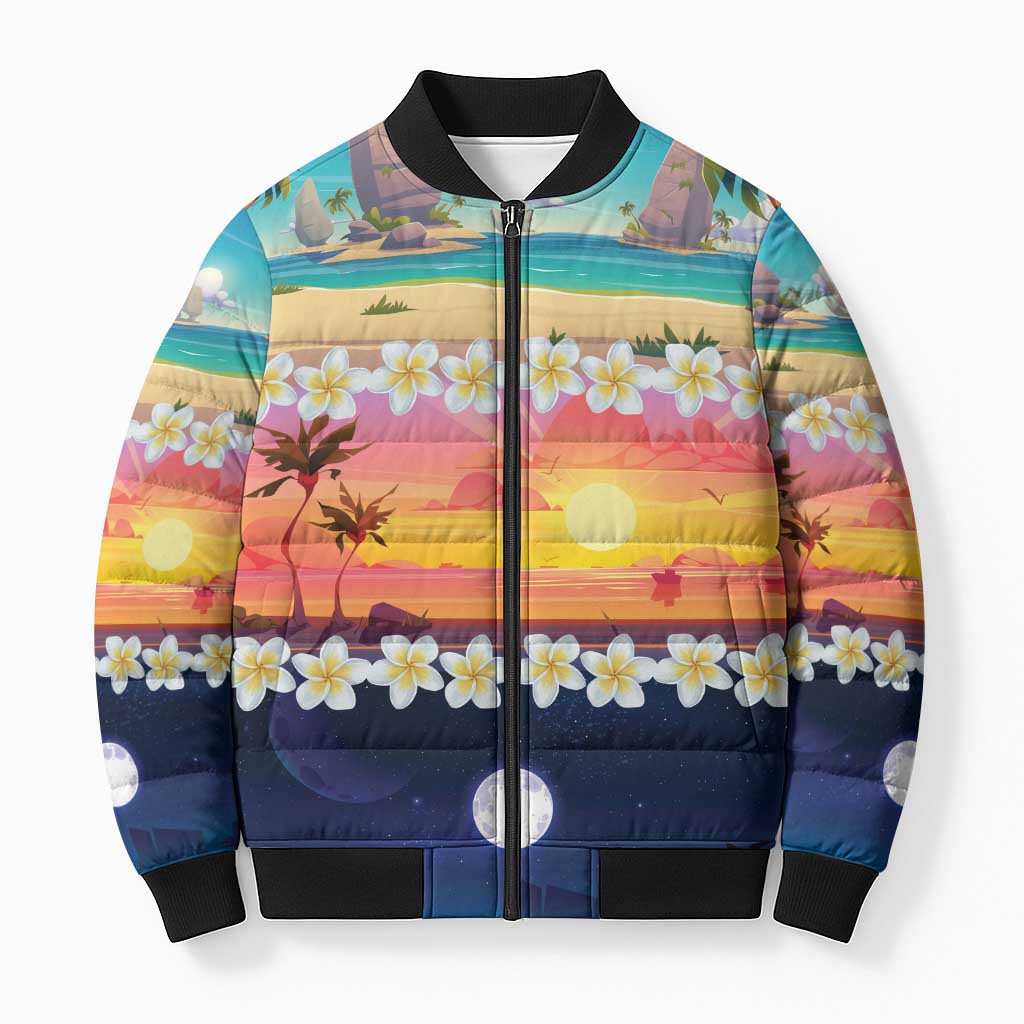 Hawaii Beach Landscape Time-Lapse Bomber Puffer Jacket Tropical Plumeria Flowers - Wonder Print Shop