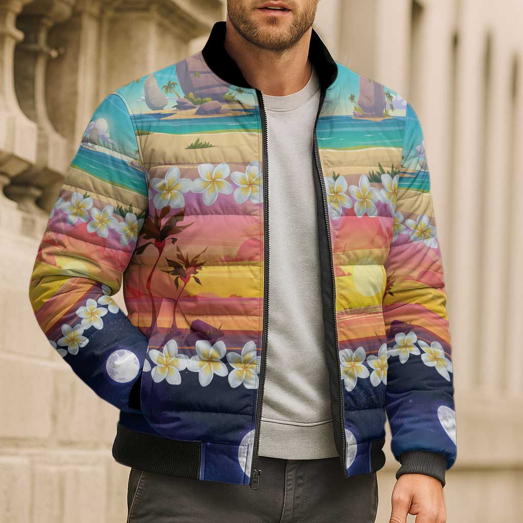 Hawaii Beach Landscape Time-Lapse Bomber Puffer Jacket Tropical Plumeria Flowers - Wonder Print Shop