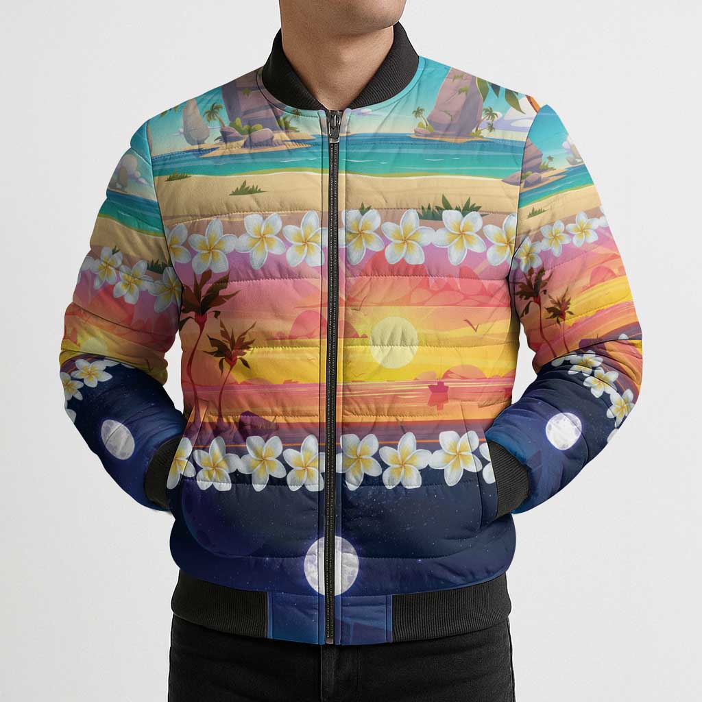 Hawaii Beach Landscape Time-Lapse Bomber Puffer Jacket Tropical Plumeria Flowers - Wonder Print Shop