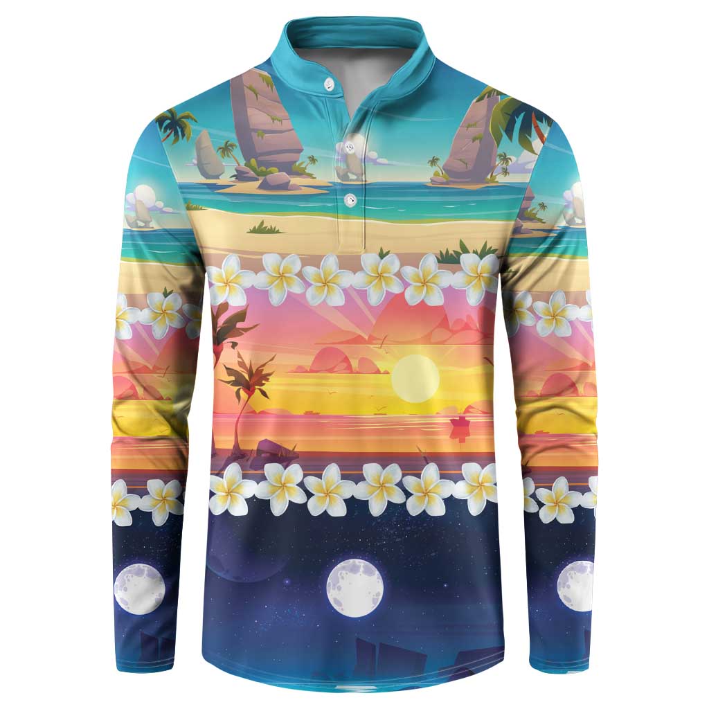 Hawaii Beach Landscape Time-Lapse Button Sweatshirt Tropical Plumeria Flowers - Wonder Print Shop