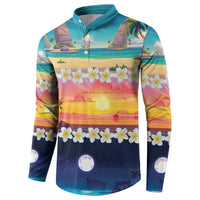 Hawaii Beach Landscape Time-Lapse Button Sweatshirt Tropical Plumeria Flowers - Wonder Print Shop