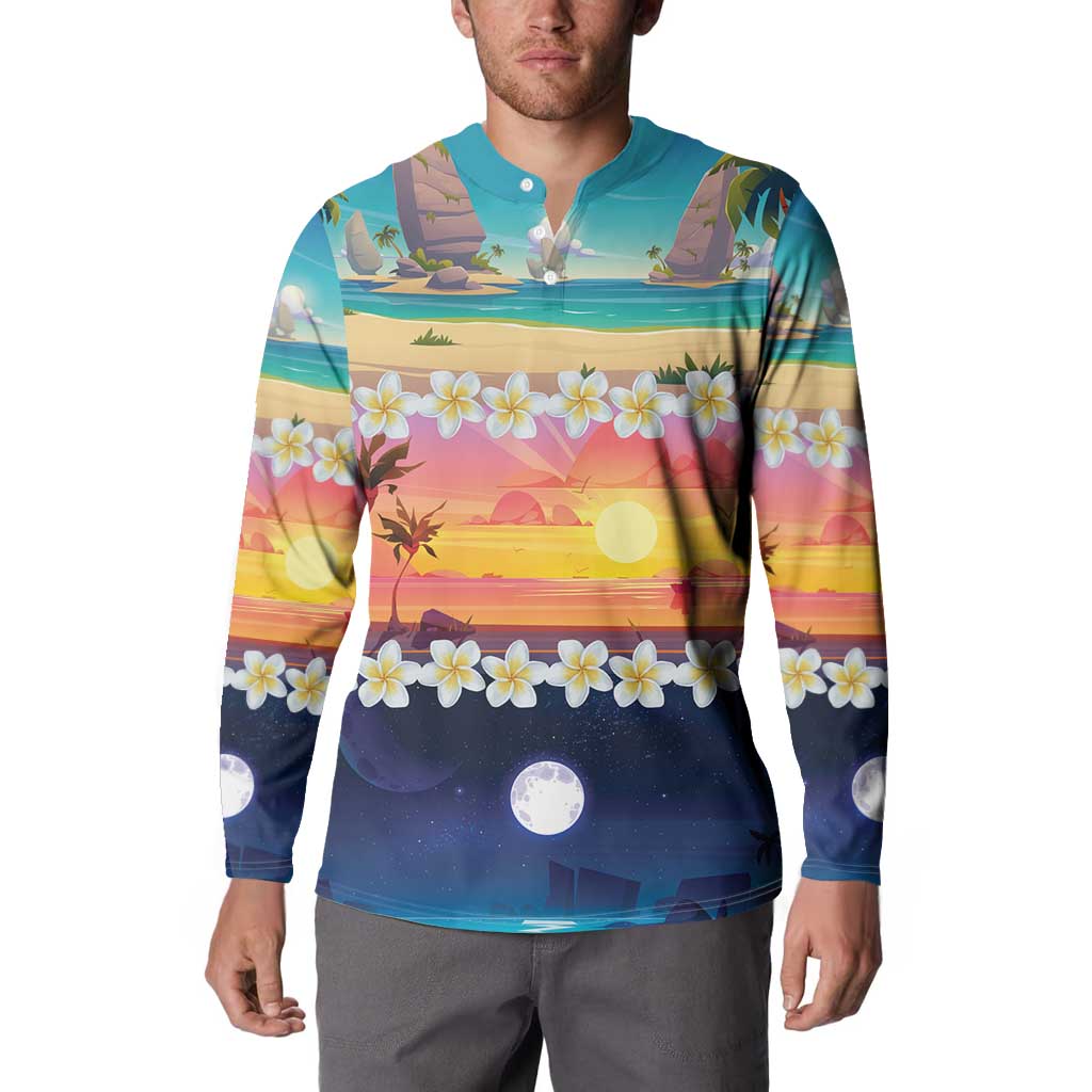 Hawaii Beach Landscape Time-Lapse Button Sweatshirt Tropical Plumeria Flowers - Wonder Print Shop
