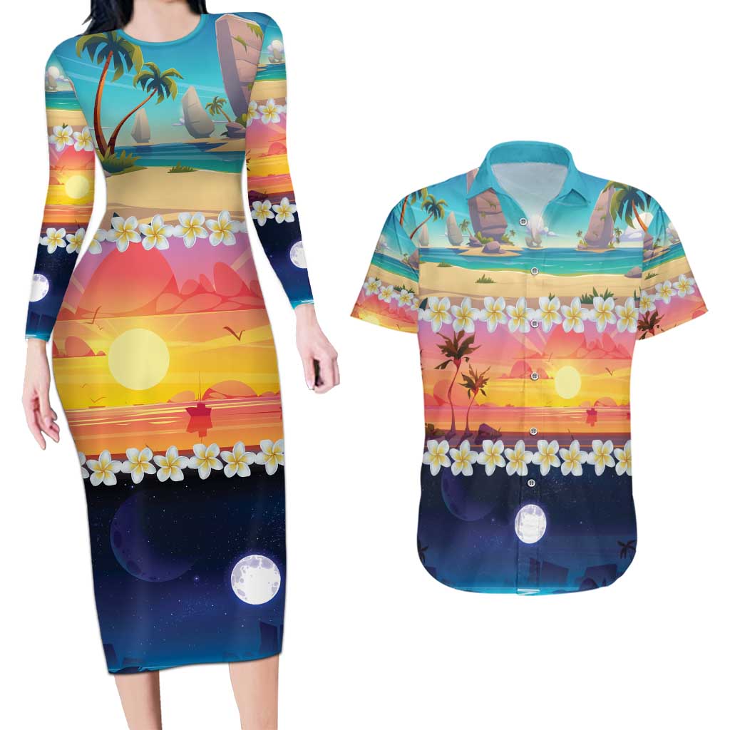 Hawaii Beach Landscape Time-Lapse Couples Matching Long Sleeve Bodycon Dress and Hawaiian Shirt Tropical Plumeria Flowers - Wonder Print Shop