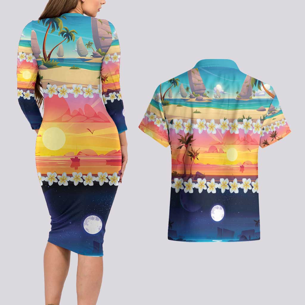 Hawaii Beach Landscape Time-Lapse Couples Matching Long Sleeve Bodycon Dress and Hawaiian Shirt Tropical Plumeria Flowers - Wonder Print Shop