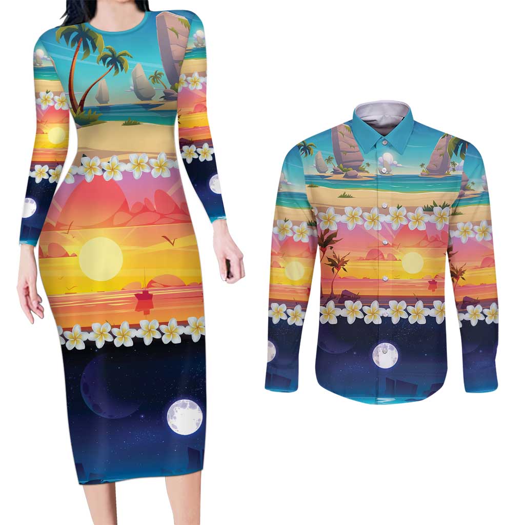 Hawaii Beach Landscape Time-Lapse Couples Matching Long Sleeve Bodycon Dress and Long Sleeve Button Shirt Tropical Plumeria Flowers - Wonder Print Shop
