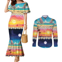 Hawaii Beach Landscape Time-Lapse Couples Matching Mermaid Dress and Long Sleeve Button Shirt Tropical Plumeria Flowers - Wonder Print Shop