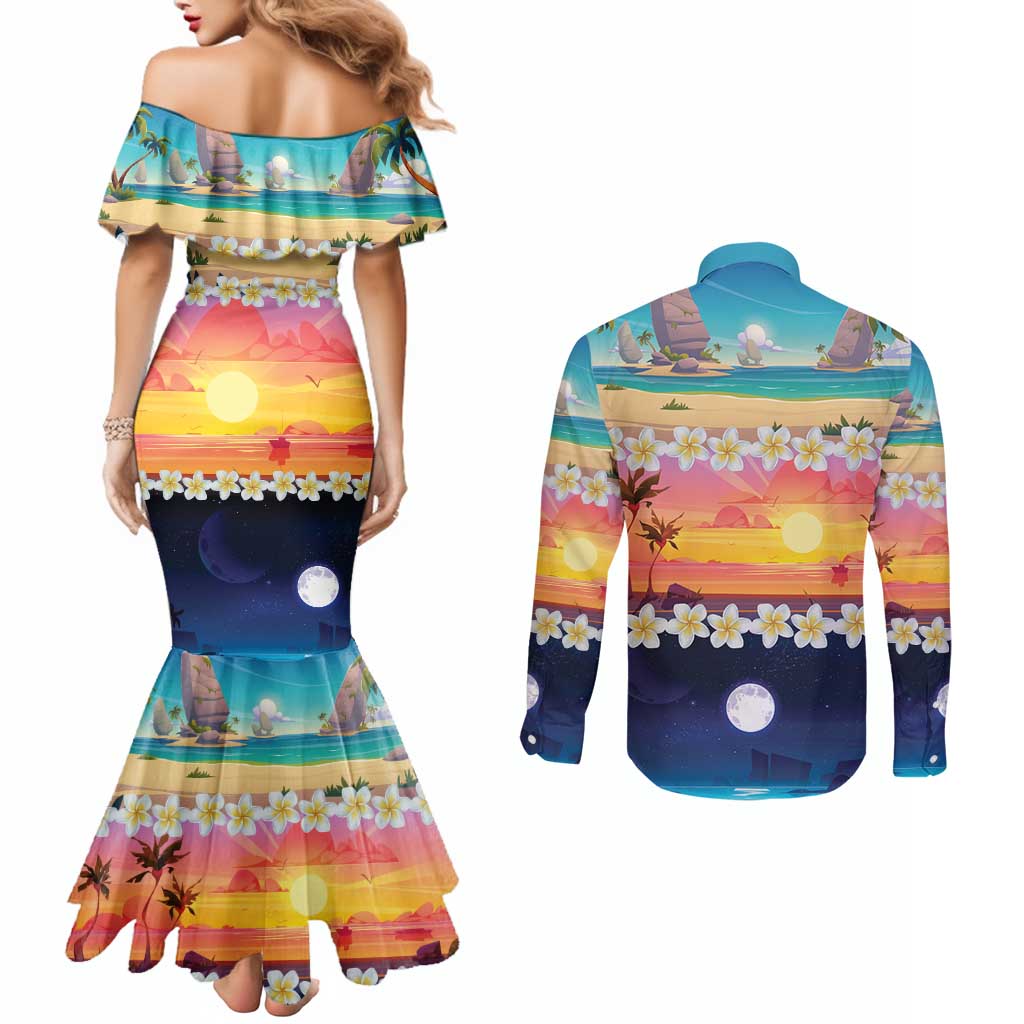 Hawaii Beach Landscape Time-Lapse Couples Matching Mermaid Dress and Long Sleeve Button Shirt Tropical Plumeria Flowers - Wonder Print Shop