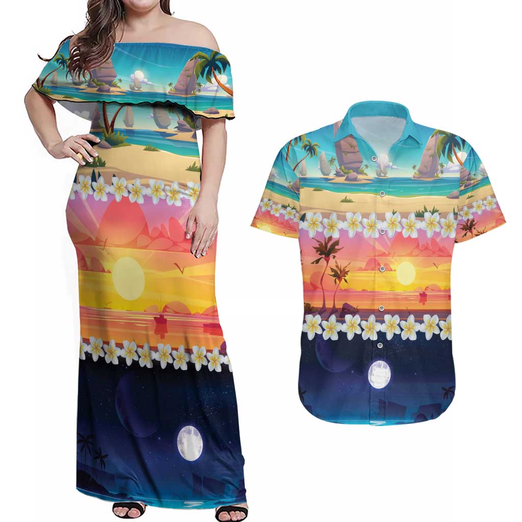 Hawaii Beach Landscape Time-Lapse Couples Matching Off Shoulder Maxi Dress and Hawaiian Shirt Tropical Plumeria Flowers - Wonder Print Shop