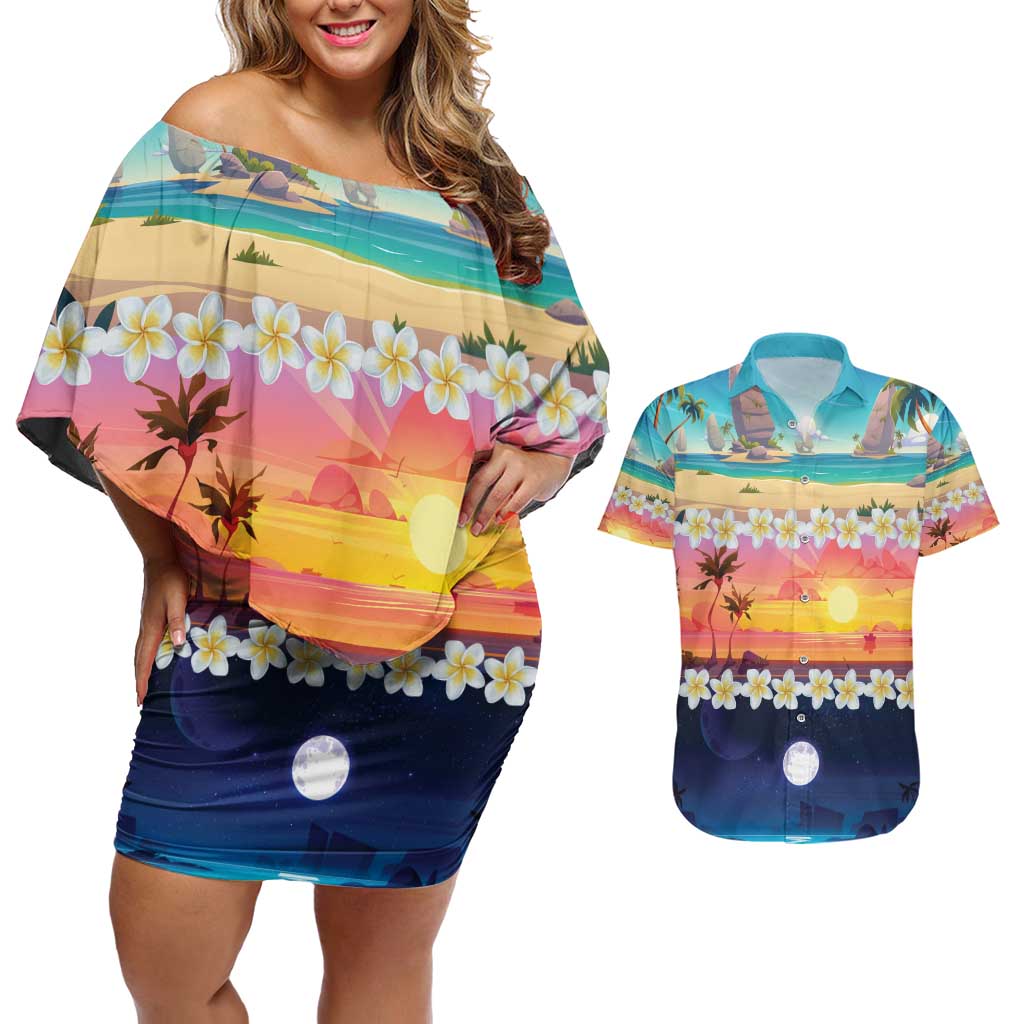 Hawaii Beach Landscape Time-Lapse Couples Matching Off Shoulder Short Dress and Hawaiian Shirt Tropical Plumeria Flowers - Wonder Print Shop