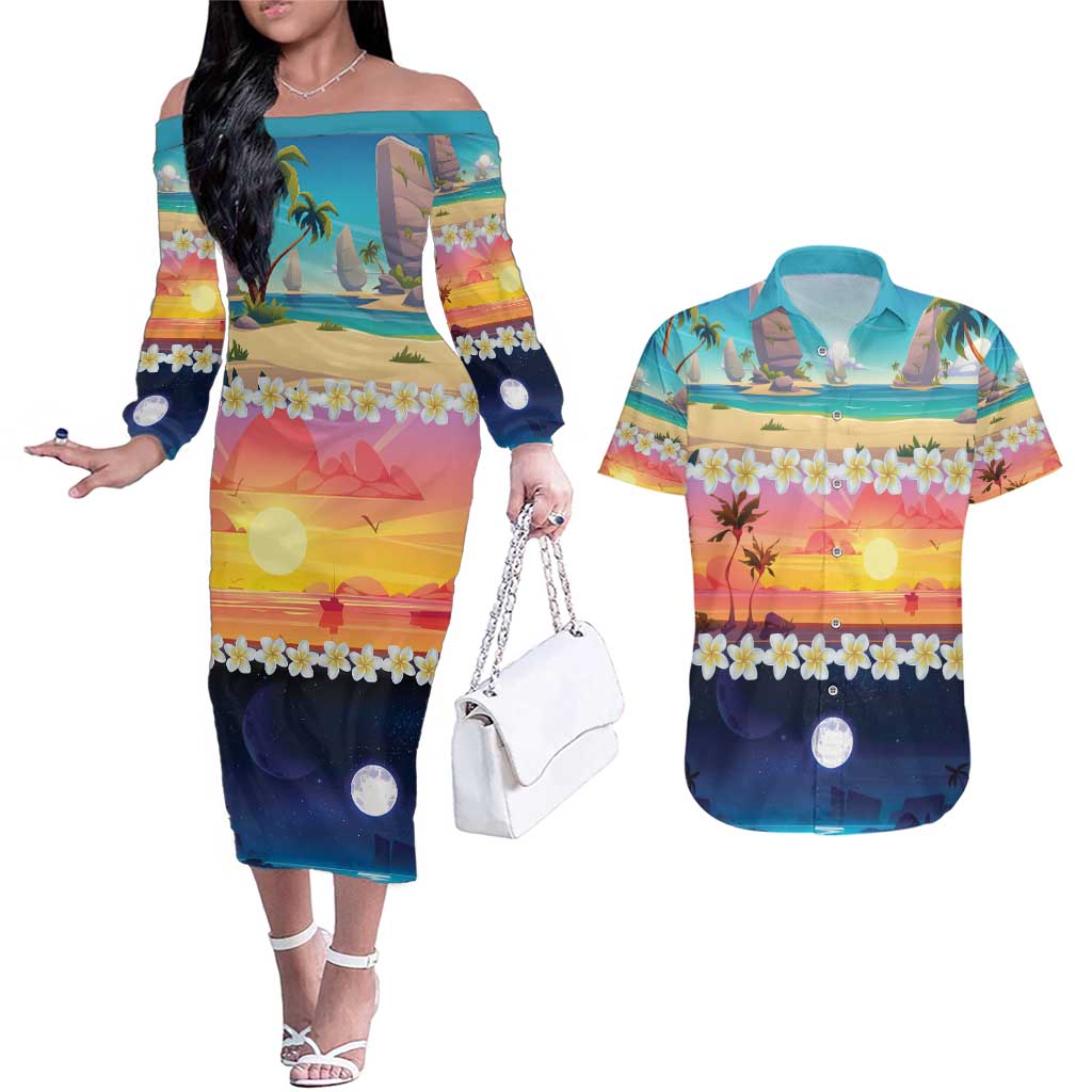 Hawaii Beach Landscape Time-Lapse Couples Matching Off The Shoulder Long Sleeve Dress and Hawaiian Shirt Tropical Plumeria Flowers - Wonder Print Shop