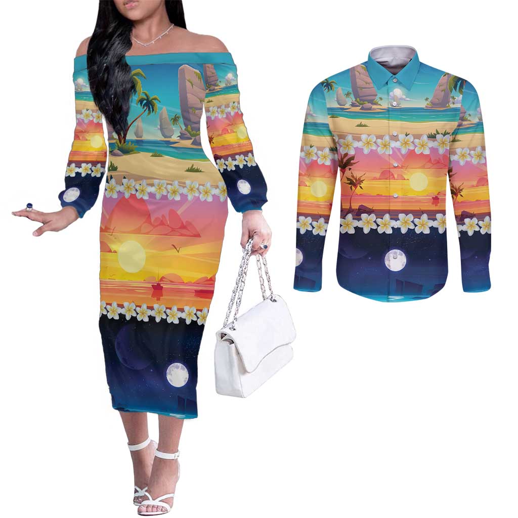 Hawaii Beach Landscape Time-Lapse Couples Matching Off The Shoulder Long Sleeve Dress and Long Sleeve Button Shirt Tropical Plumeria Flowers - Wonder Print Shop