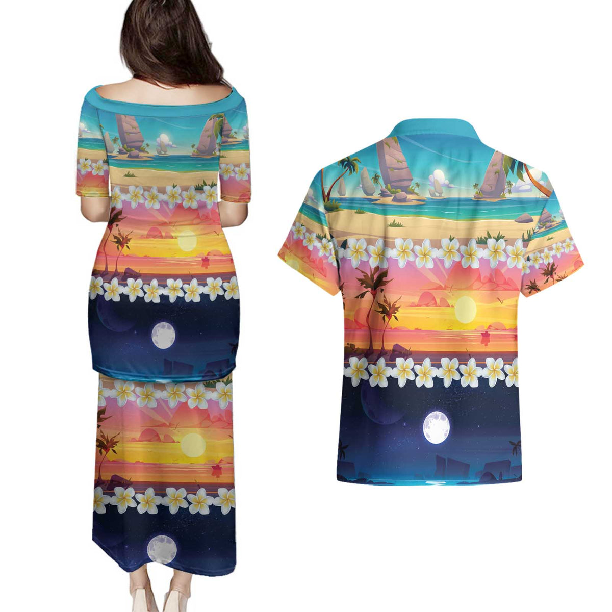 Hawaii Beach Landscape Time-Lapse Couples Matching Puletasi and Hawaiian Shirt Tropical Plumeria Flowers - Wonder Print Shop