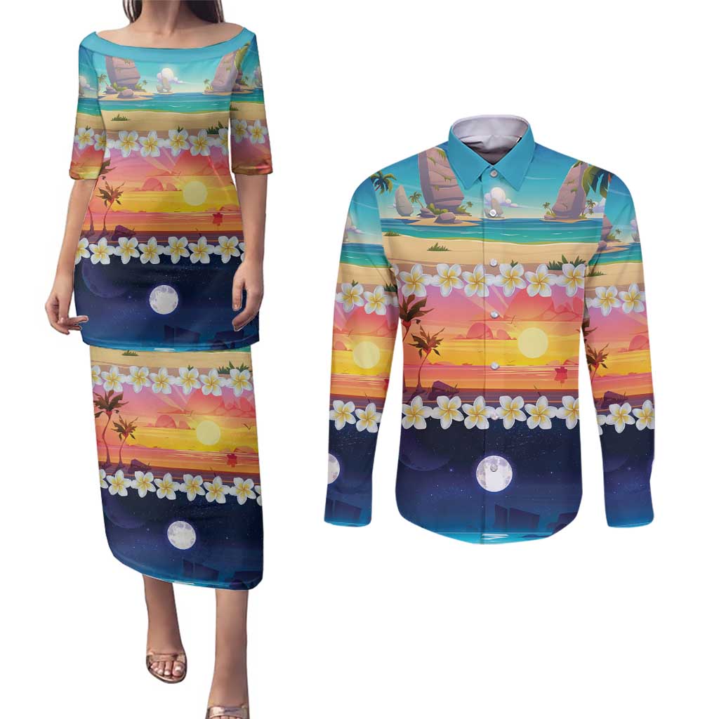 Hawaii Beach Landscape Time-Lapse Couples Matching Puletasi and Long Sleeve Button Shirt Tropical Plumeria Flowers - Wonder Print Shop