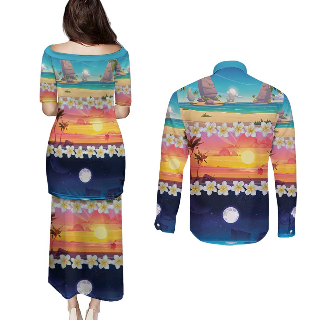 Hawaii Beach Landscape Time-Lapse Couples Matching Puletasi and Long Sleeve Button Shirt Tropical Plumeria Flowers - Wonder Print Shop