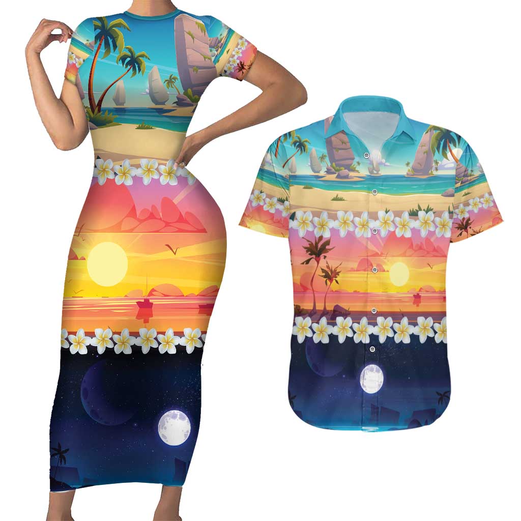 Hawaii Beach Landscape Time-Lapse Couples Matching Short Sleeve Bodycon Dress and Hawaiian Shirt Tropical Plumeria Flowers - Wonder Print Shop