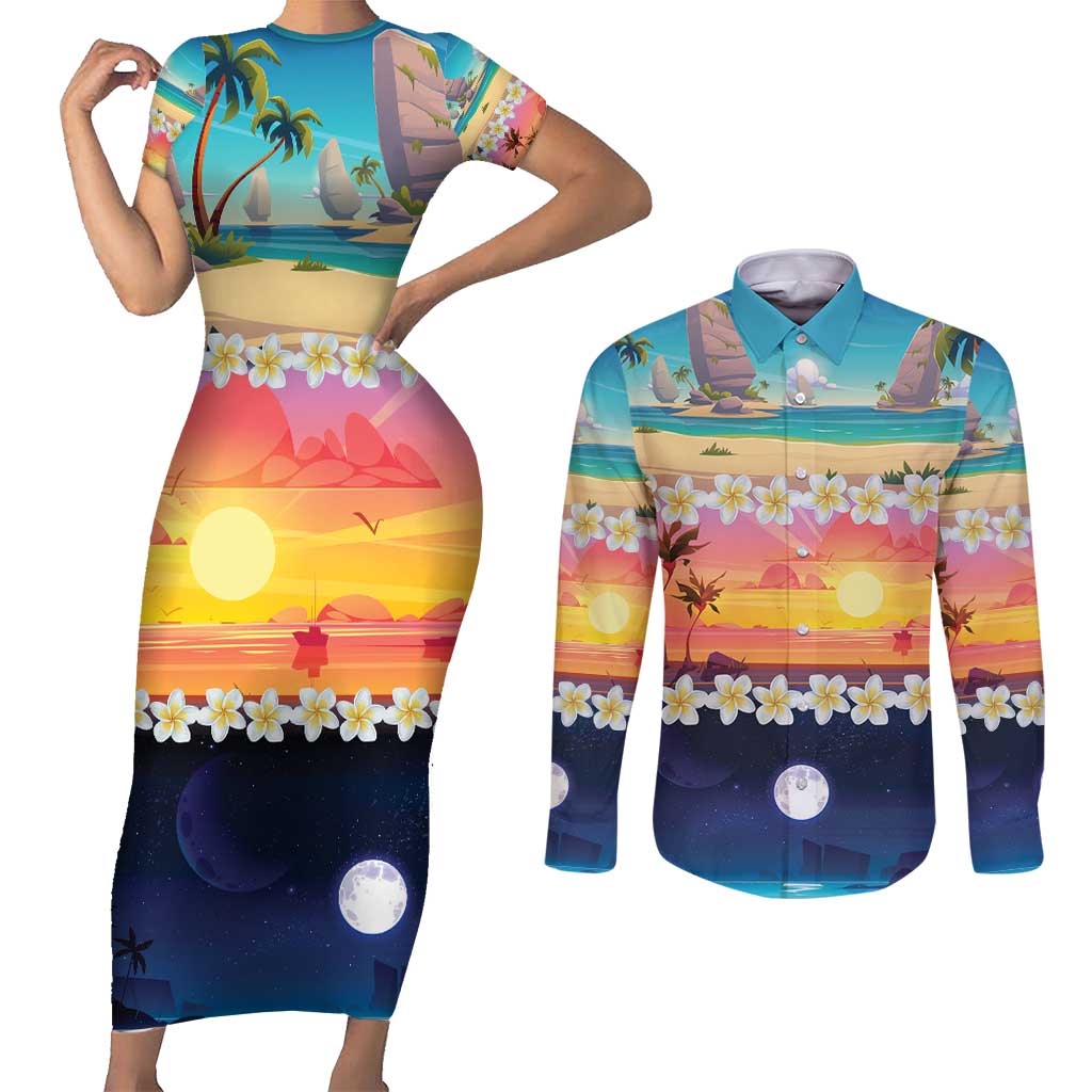 Hawaii Beach Landscape Time-Lapse Couples Matching Short Sleeve Bodycon Dress and Long Sleeve Button Shirt Tropical Plumeria Flowers - Wonder Print Shop