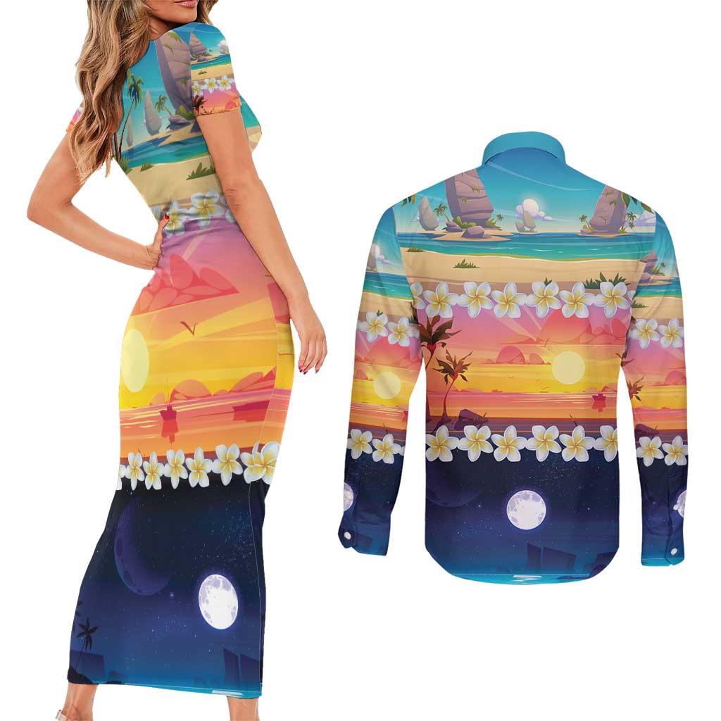 Hawaii Beach Landscape Time-Lapse Couples Matching Short Sleeve Bodycon Dress and Long Sleeve Button Shirt Tropical Plumeria Flowers - Wonder Print Shop