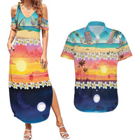 Hawaii Beach Landscape Time-Lapse Couples Matching Summer Maxi Dress and Hawaiian Shirt Tropical Plumeria Flowers - Wonder Print Shop