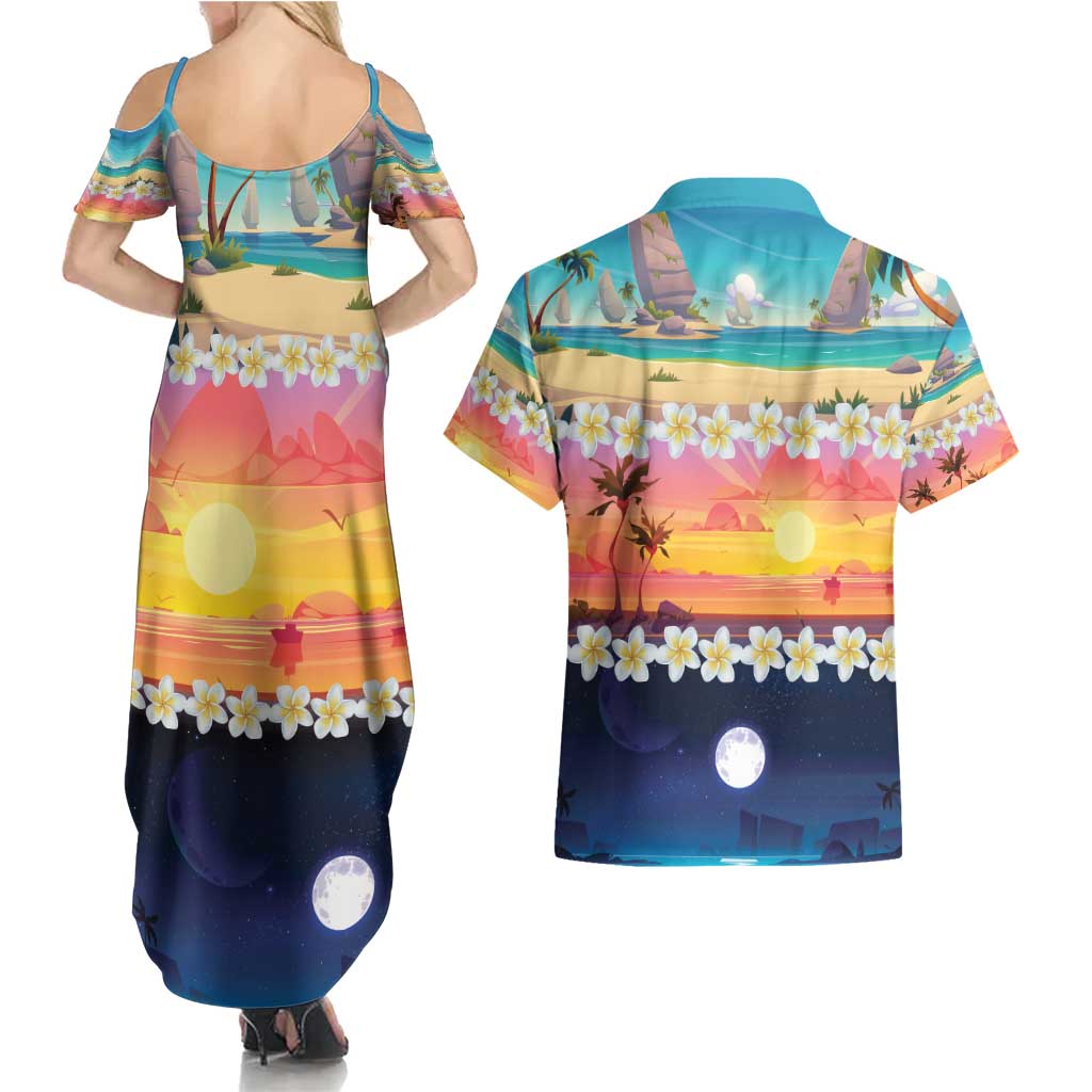 Hawaii Beach Landscape Time-Lapse Couples Matching Summer Maxi Dress and Hawaiian Shirt Tropical Plumeria Flowers - Wonder Print Shop