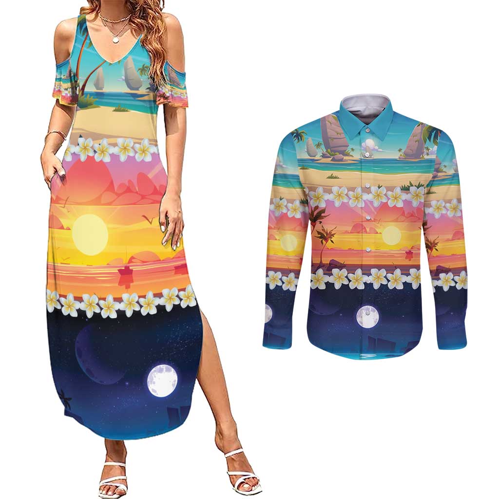 Hawaii Beach Landscape Time-Lapse Couples Matching Summer Maxi Dress and Long Sleeve Button Shirt Tropical Plumeria Flowers - Wonder Print Shop