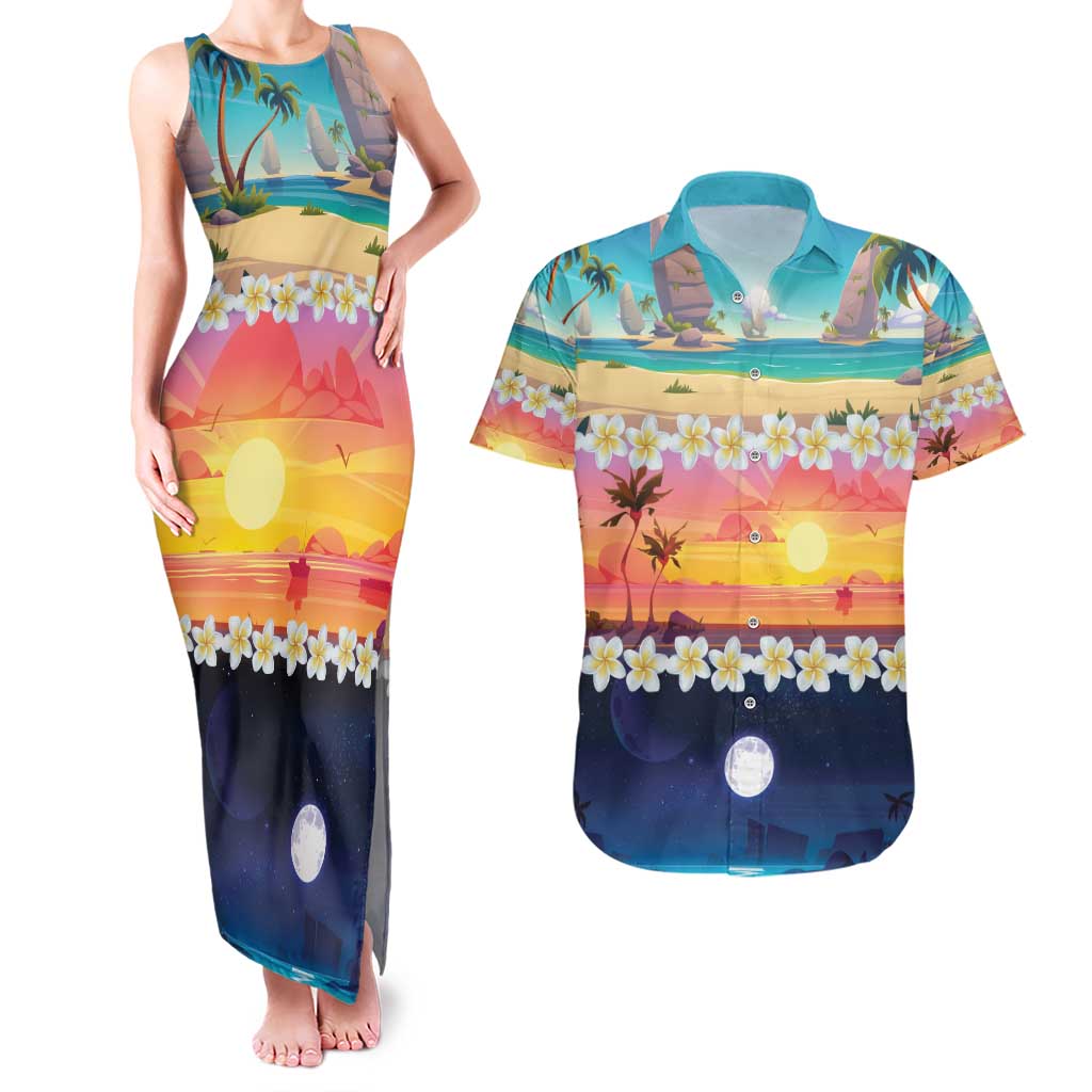 Hawaii Beach Landscape Time-Lapse Couples Matching Tank Maxi Dress and Hawaiian Shirt Tropical Plumeria Flowers - Wonder Print Shop