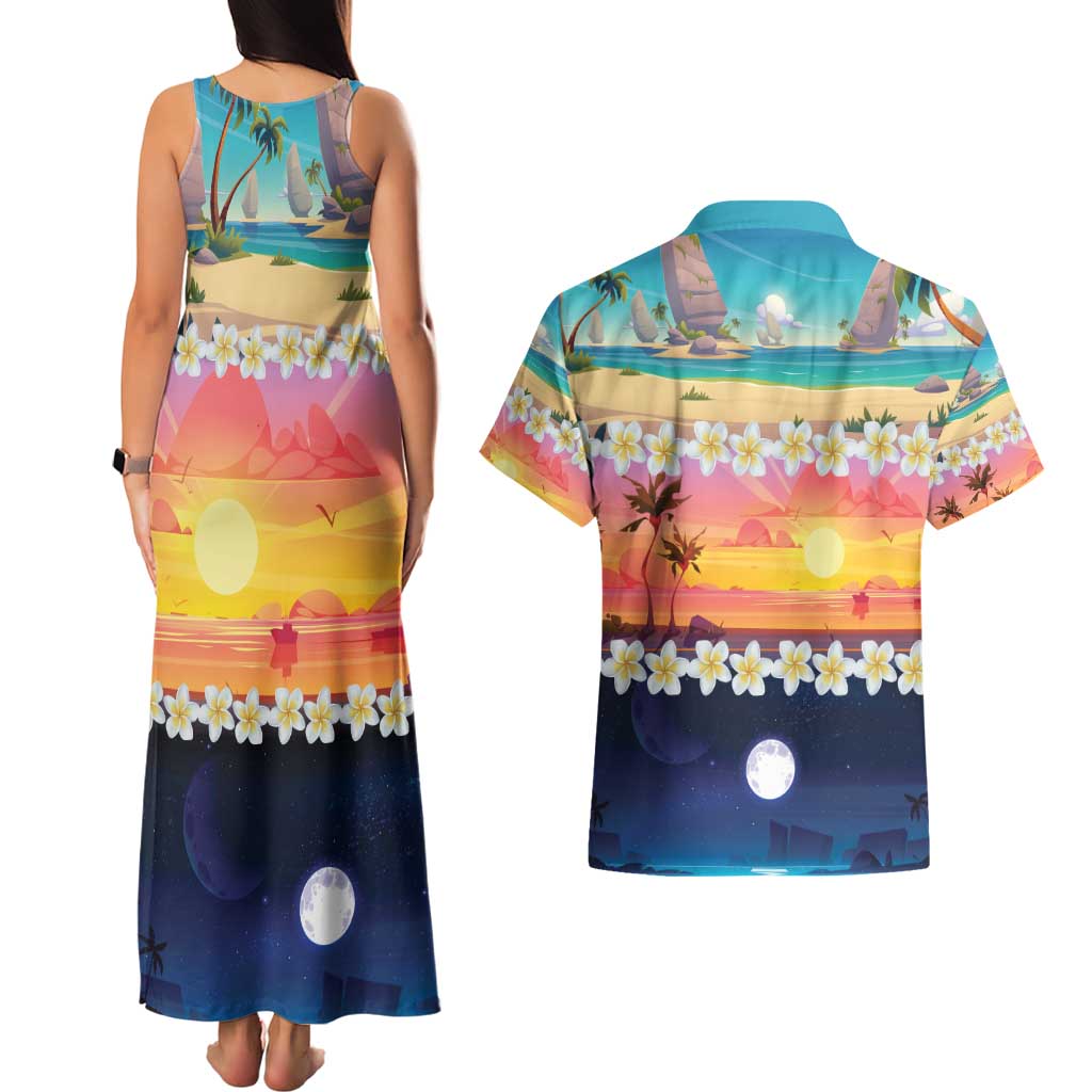 Hawaii Beach Landscape Time-Lapse Couples Matching Tank Maxi Dress and Hawaiian Shirt Tropical Plumeria Flowers - Wonder Print Shop