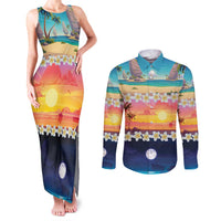 Hawaii Beach Landscape Time-Lapse Couples Matching Tank Maxi Dress and Long Sleeve Button Shirt Tropical Plumeria Flowers - Wonder Print Shop