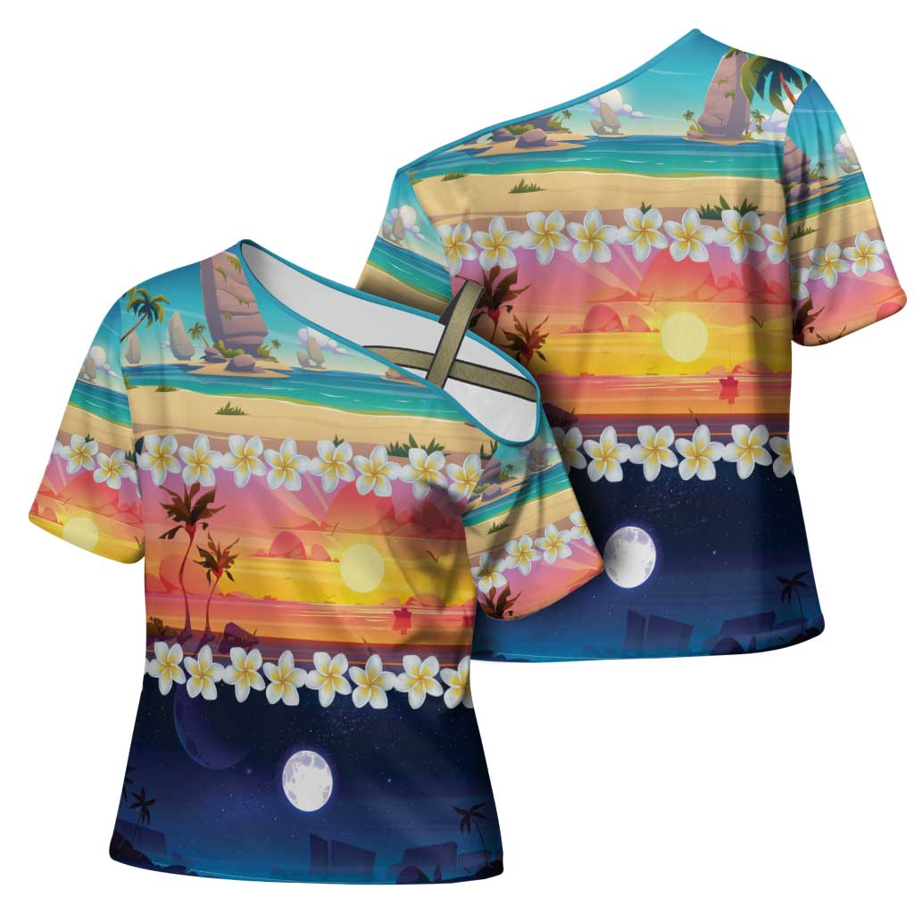 Hawaii Beach Landscape Time-Lapse Cross Shoulder Shirt Tropical Plumeria Flowers - Wonder Print Shop