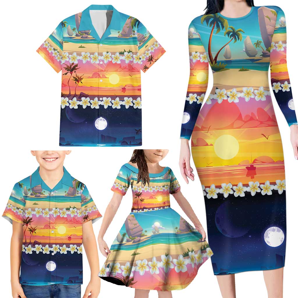 Hawaii Beach Landscape Time-Lapse Family Matching Long Sleeve Bodycon Dress and Hawaiian Shirt Tropical Plumeria Flowers - Wonder Print Shop