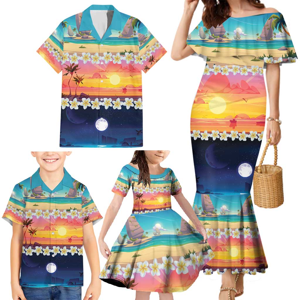 Hawaii Beach Landscape Time-Lapse Family Matching Mermaid Dress and Hawaiian Shirt Tropical Plumeria Flowers - Wonder Print Shop