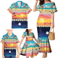 Hawaii Beach Landscape Time-Lapse Family Matching Mermaid Dress and Hawaiian Shirt Tropical Plumeria Flowers - Wonder Print Shop