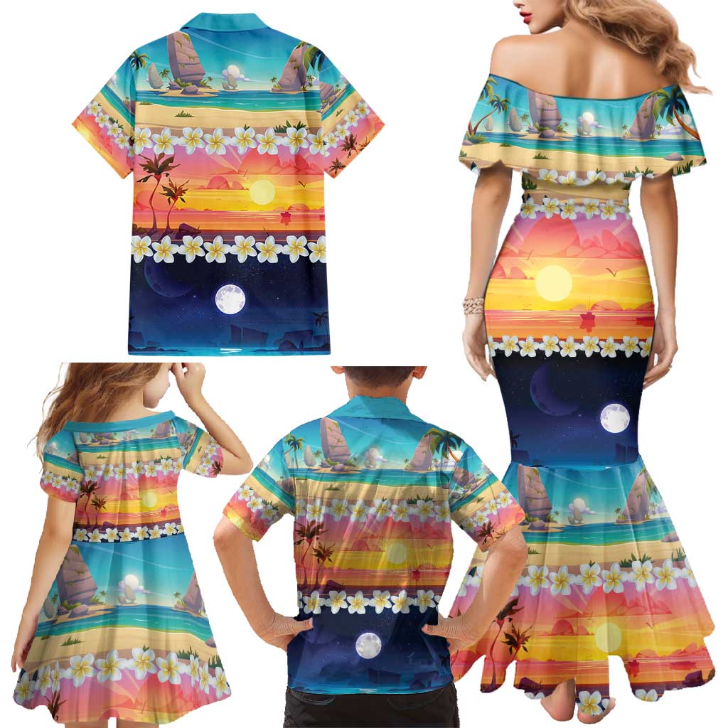 Hawaii Beach Landscape Time-Lapse Family Matching Mermaid Dress and Hawaiian Shirt Tropical Plumeria Flowers - Wonder Print Shop
