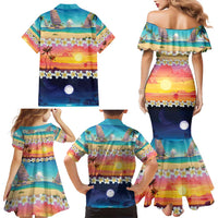 Hawaii Beach Landscape Time-Lapse Family Matching Mermaid Dress and Hawaiian Shirt Tropical Plumeria Flowers - Wonder Print Shop
