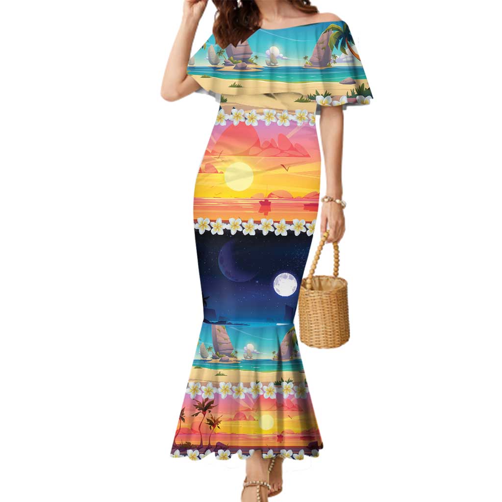Hawaii Beach Landscape Time-Lapse Family Matching Mermaid Dress and Hawaiian Shirt Tropical Plumeria Flowers - Wonder Print Shop