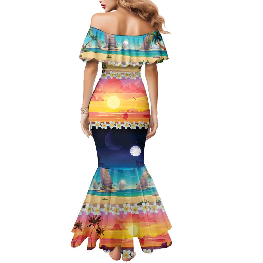 Hawaii Beach Landscape Time-Lapse Family Matching Mermaid Dress and Hawaiian Shirt Tropical Plumeria Flowers - Wonder Print Shop