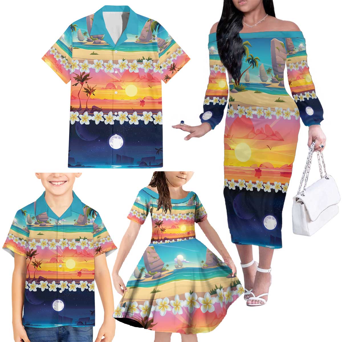 Hawaii Beach Landscape Time-Lapse Family Matching Off The Shoulder Long Sleeve Dress and Hawaiian Shirt Tropical Plumeria Flowers - Wonder Print Shop