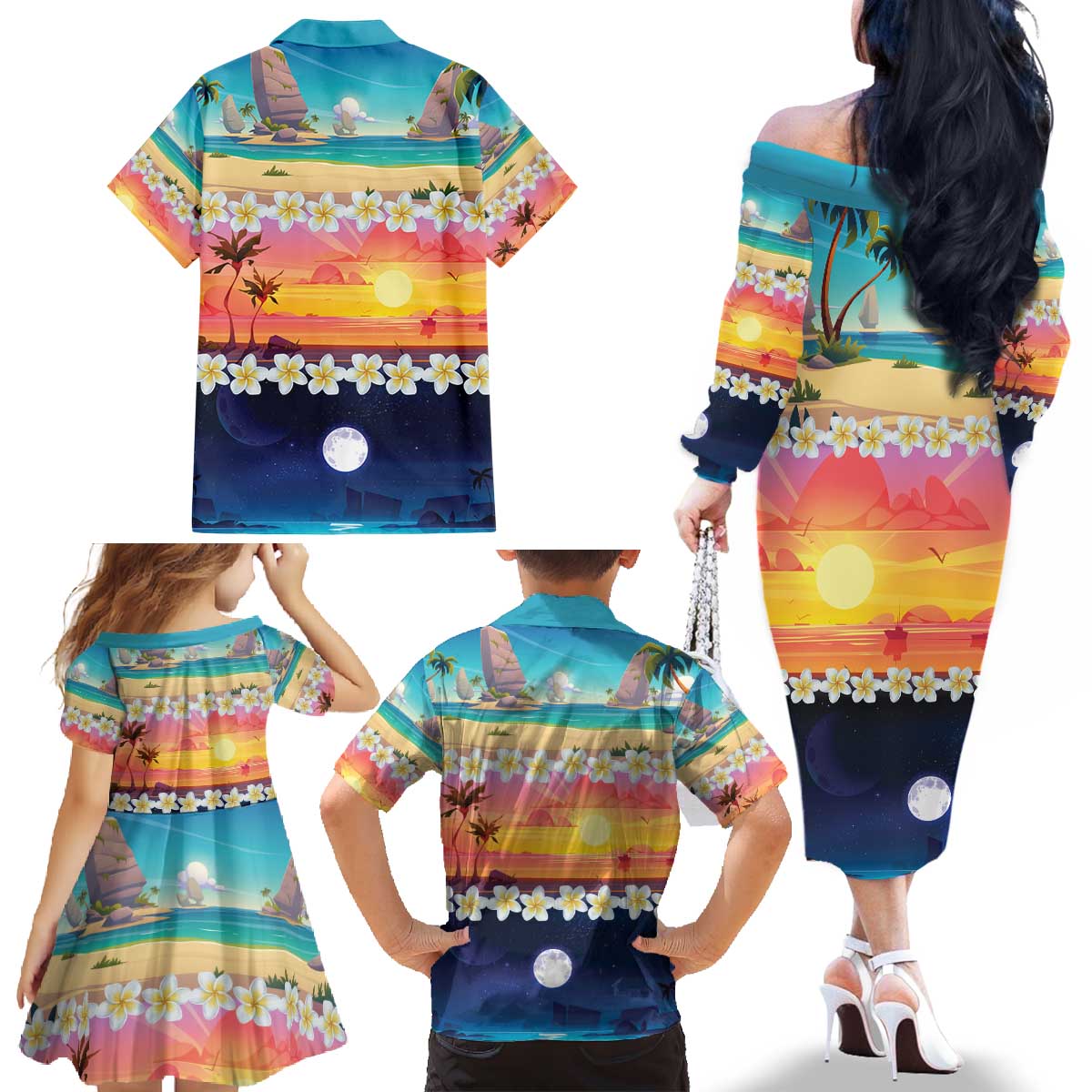 Hawaii Beach Landscape Time-Lapse Family Matching Off The Shoulder Long Sleeve Dress and Hawaiian Shirt Tropical Plumeria Flowers - Wonder Print Shop