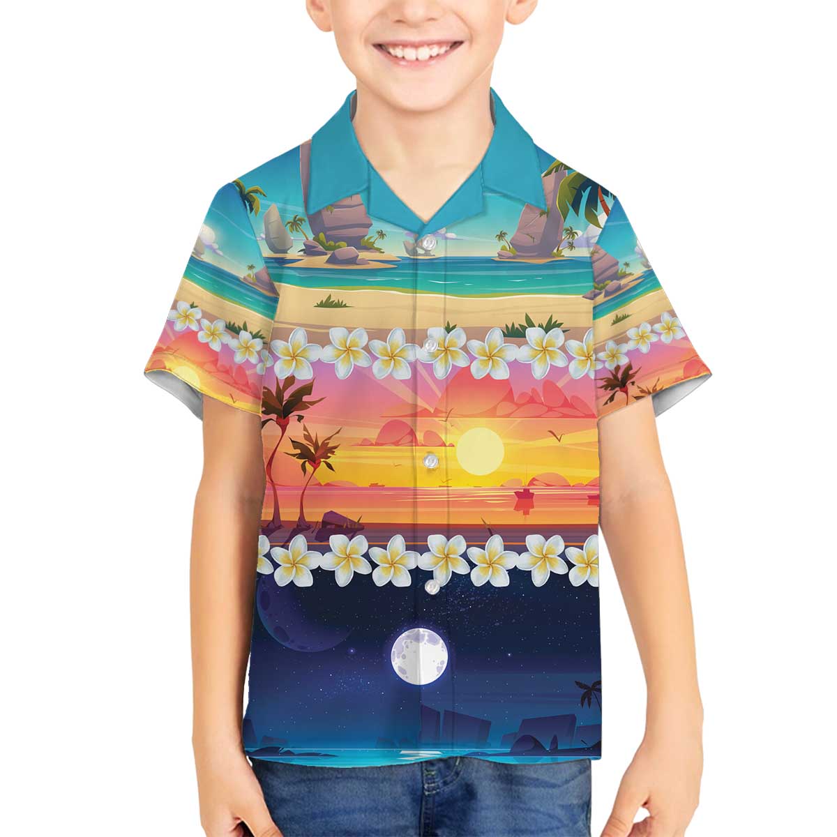 Hawaii Beach Landscape Time-Lapse Family Matching Off The Shoulder Long Sleeve Dress and Hawaiian Shirt Tropical Plumeria Flowers - Wonder Print Shop