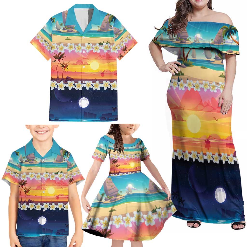 Hawaii Beach Landscape Time-Lapse Family Matching Off Shoulder Maxi Dress and Hawaiian Shirt Tropical Plumeria Flowers - Wonder Print Shop