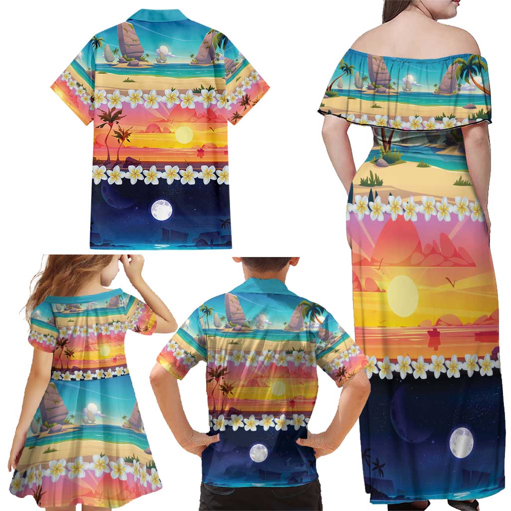 Hawaii Beach Landscape Time-Lapse Family Matching Off Shoulder Maxi Dress and Hawaiian Shirt Tropical Plumeria Flowers - Wonder Print Shop