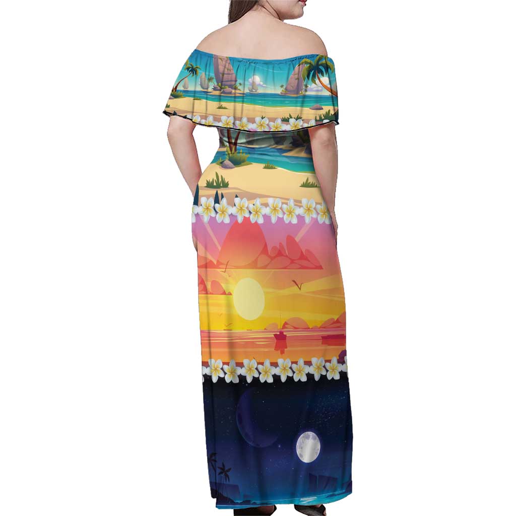 Hawaii Beach Landscape Time-Lapse Family Matching Off Shoulder Maxi Dress and Hawaiian Shirt Tropical Plumeria Flowers - Wonder Print Shop