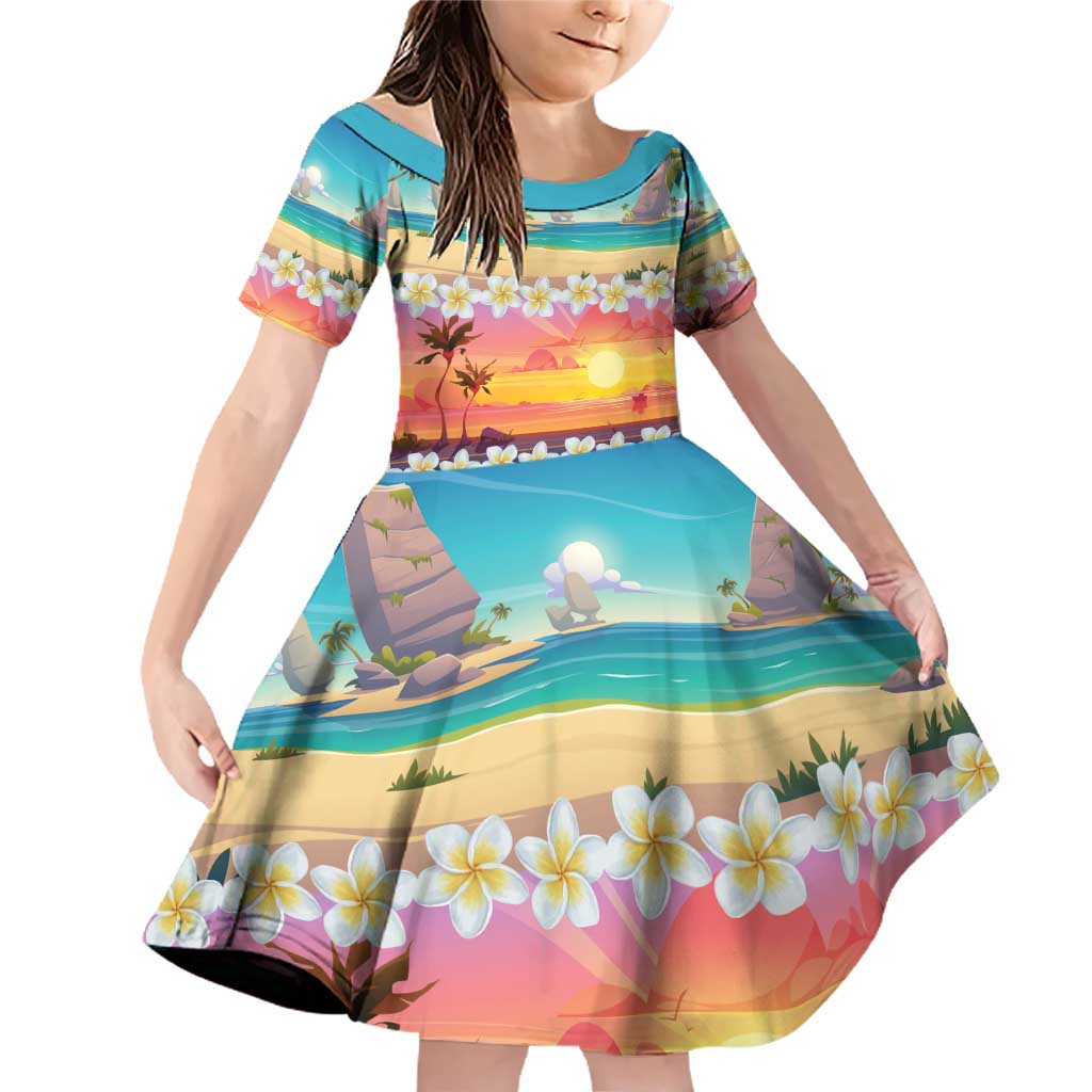 Hawaii Beach Landscape Time-Lapse Family Matching Off Shoulder Short Dress and Hawaiian Shirt Tropical Plumeria Flowers - Wonder Print Shop