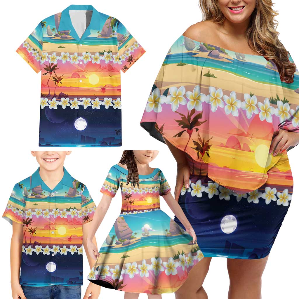 Hawaii Beach Landscape Time-Lapse Family Matching Off Shoulder Short Dress and Hawaiian Shirt Tropical Plumeria Flowers - Wonder Print Shop