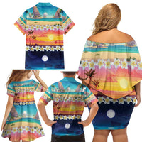 Hawaii Beach Landscape Time-Lapse Family Matching Off Shoulder Short Dress and Hawaiian Shirt Tropical Plumeria Flowers - Wonder Print Shop