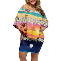 Hawaii Beach Landscape Time-Lapse Family Matching Off Shoulder Short Dress and Hawaiian Shirt Tropical Plumeria Flowers - Wonder Print Shop