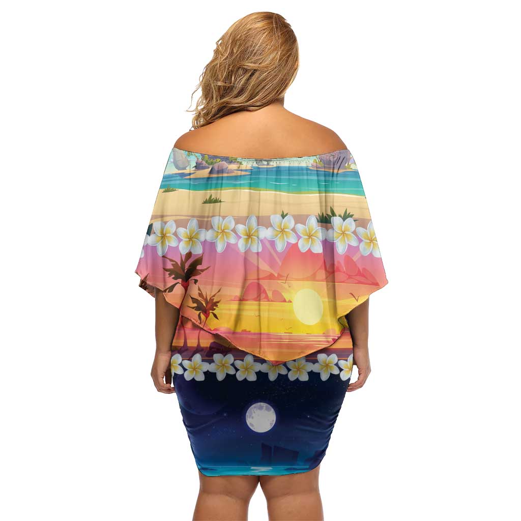 Hawaii Beach Landscape Time-Lapse Family Matching Off Shoulder Short Dress and Hawaiian Shirt Tropical Plumeria Flowers - Wonder Print Shop
