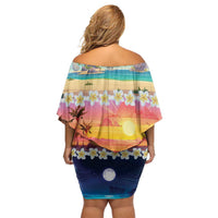 Hawaii Beach Landscape Time-Lapse Family Matching Off Shoulder Short Dress and Hawaiian Shirt Tropical Plumeria Flowers - Wonder Print Shop