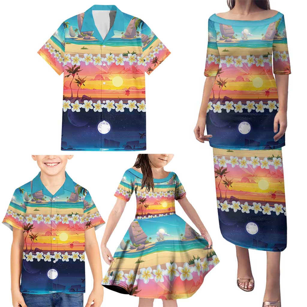 Hawaii Beach Landscape Time-Lapse Family Matching Puletasi and Hawaiian Shirt Tropical Plumeria Flowers - Wonder Print Shop